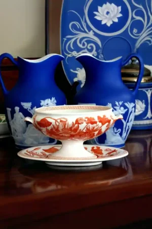 Rare 19th Century Wedgwood Sauce Boat with Underplate – Darwin Orange Water Lily Pattern, Museum Quality