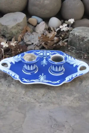 Rare 19th Century Wedgwood Cobalt Blue Jasper Dip Double Inkwells with Zodiac Stand – No Lids