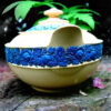 Wedgwood early 19th century caneware sugar box with blue fruits and flowers relief decorations