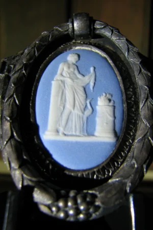 Extremely Rare Wedgwood Jasperware Furniture Knob – “Juno with Altar,” c.1780, Solid Grey-Blue Jasper in Original Period Metal Mount