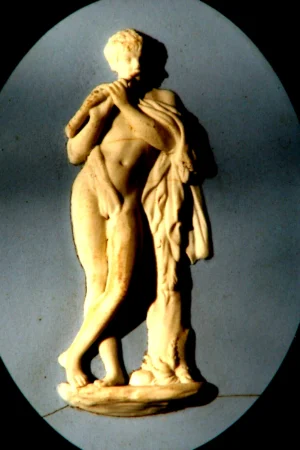 Rare 1785-90 Wedgwood Blue Jasperware Medallion with White Relief – Lion Skin Playing Flute