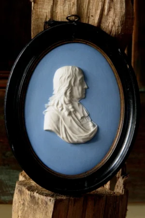 Rare 19th Century Wedgwood Blue Jasperware Medallion of John Milton – Framed White Relief