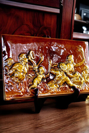 Rare 19th Century Wedgwood Majolica Glazed Plaque Featuring Nereids in Golden Relief