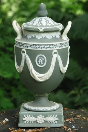 Wedgwood 19th Century Green Dip Jasper Vase – Drapery Medallions, 2-Handled Urn