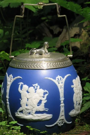Wedgwood 19th Century Egyptian Revival Biscuit Barrel – Dark Blue Dip Jasper with Brass and Silver Plating
