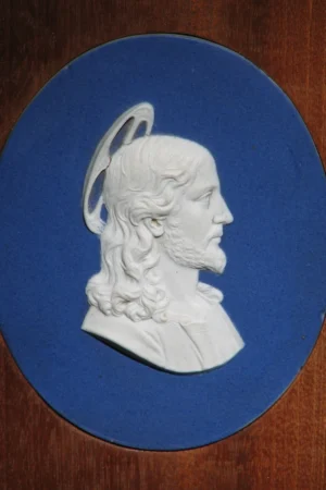Wedgwood Jesus Christ Medallion – Early 19th Century Handmade with Wooden Frame and Hook